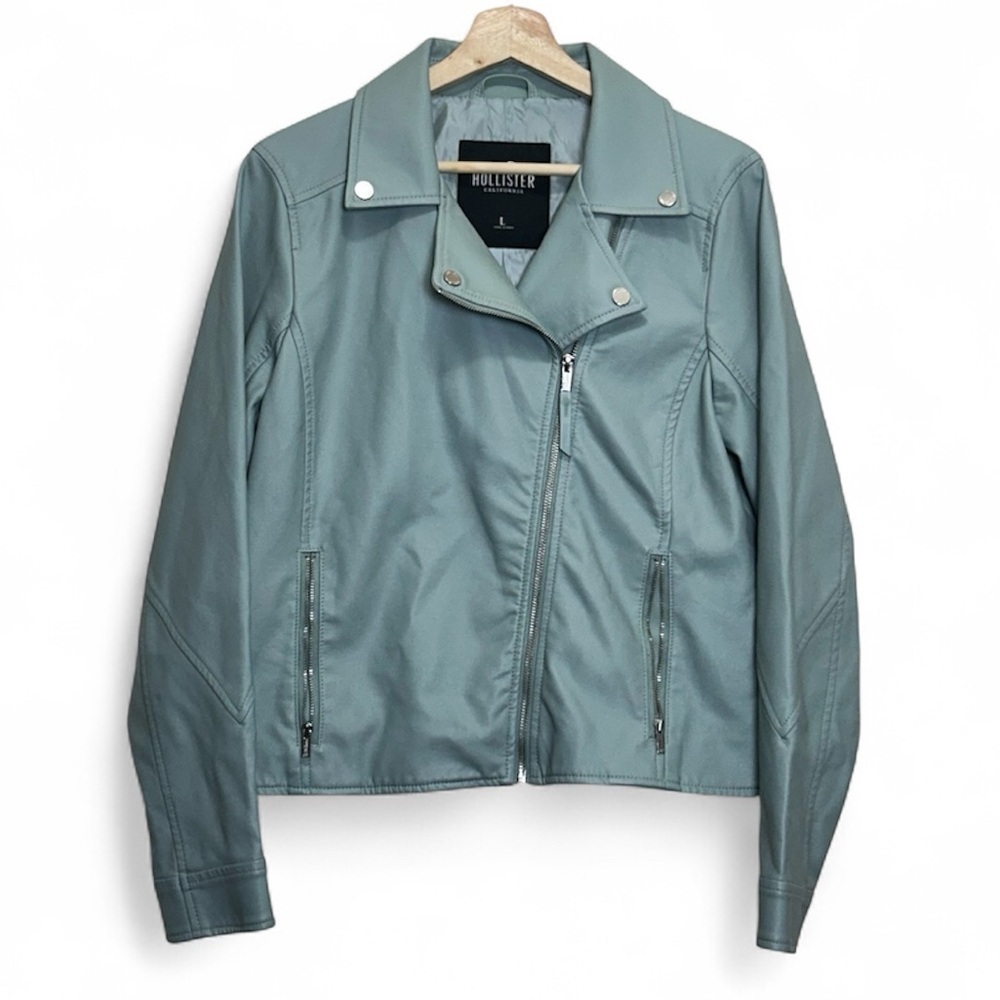 Hollister Blue Faux Leather Moto Jacket L Asymmetrical Zip Notched Collar Vegan - Picture 3 of 7